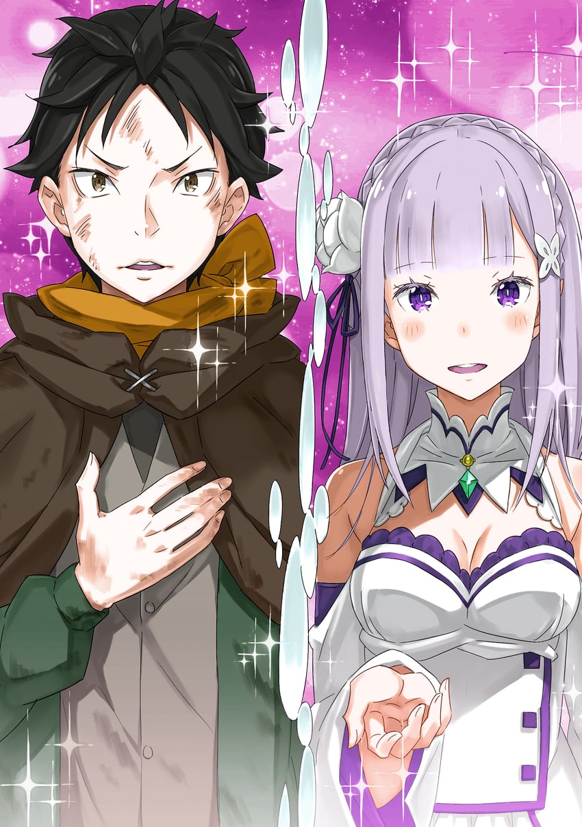 emilia and natsuki subaru (re:zero kara hajimeru isekai seikatsu) drawn by floatinghere and ootsuka_shin'ichirou