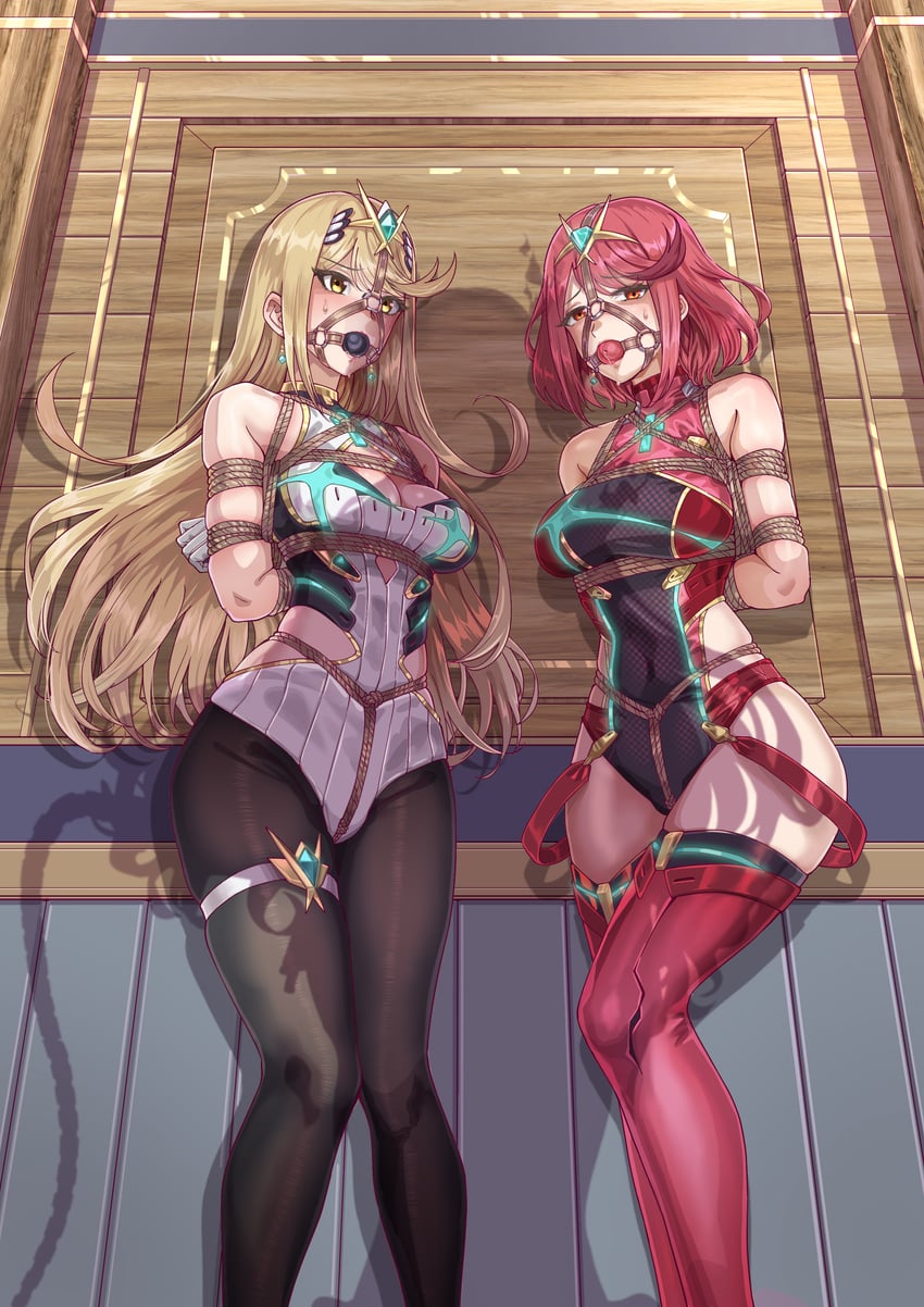 pyra, mythra, and brighid (xenoblade chronicles and 1 more) drawn by leveen