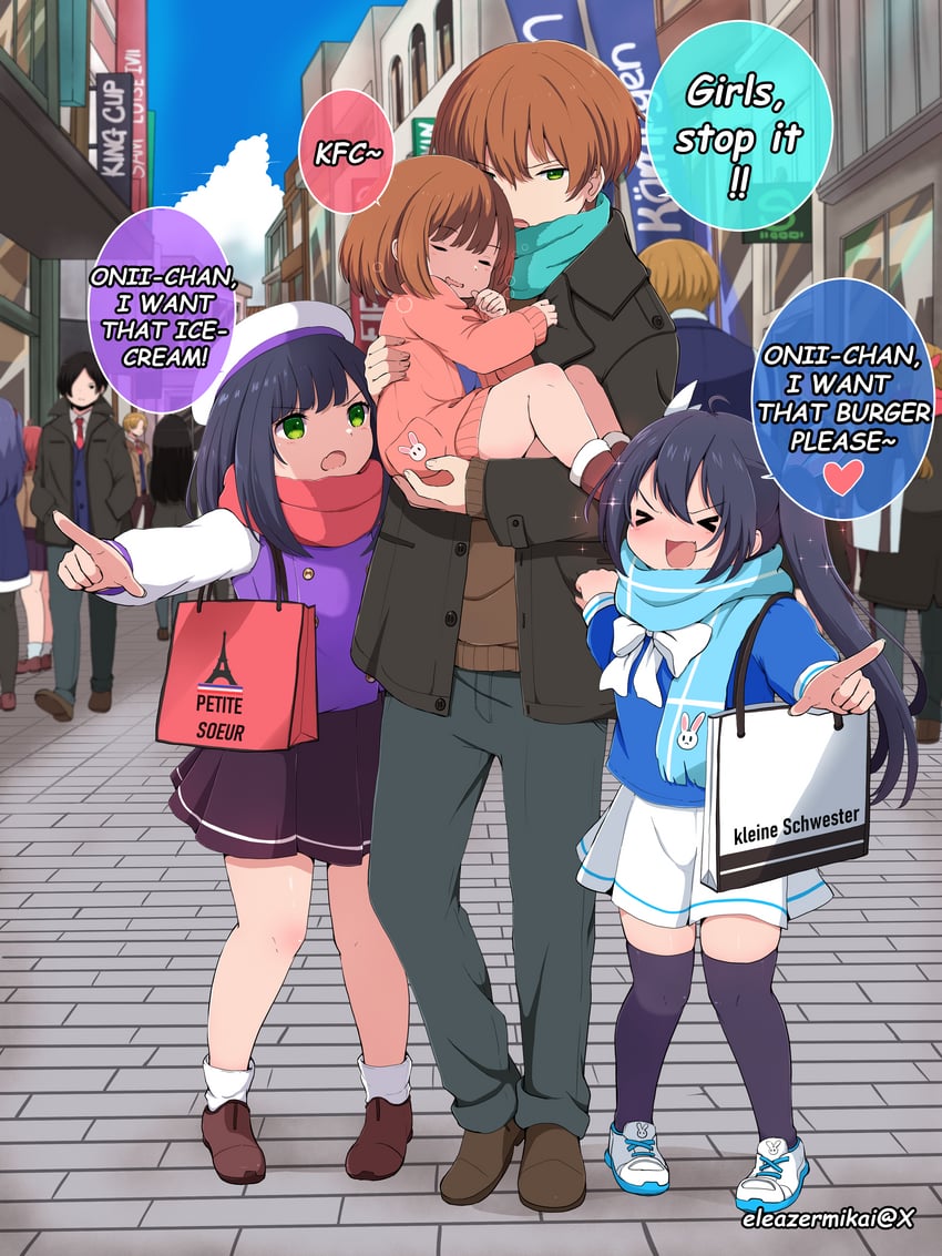 onii-chan, nana, kanna, and hana (original) drawn by eleazarmikai