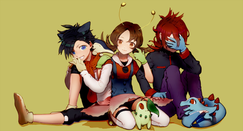 ethan, lyra, silver, cyndaquil, chikorita, and 1 more (pokemon and 1 more) drawn by emje_(uncover)