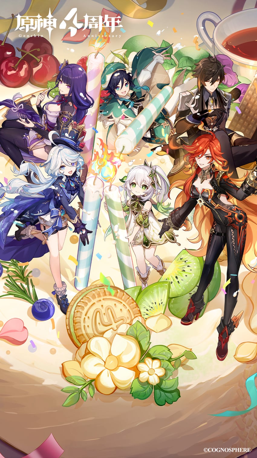raiden shogun, furina, nahida, zhongli, venti, and 1 more (genshin impact)
