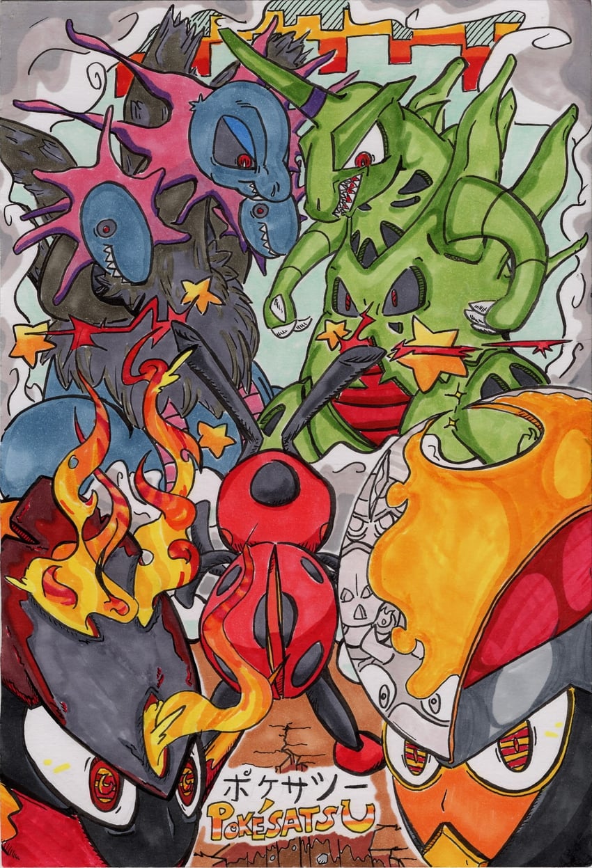 hydreigon, tyranitar, bisharp, armarouge, pawniard, and 3 more (pokemon) drawn by molten_garnet
