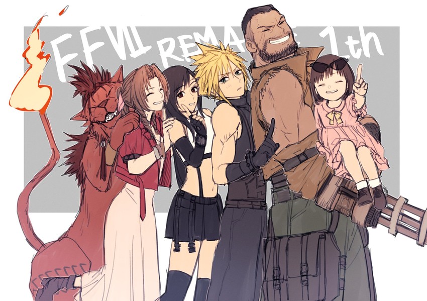 tifa lockhart, cloud strife, aerith gainsborough, barret wallace, red xiii, and 1 more (final fantasy and 2 more) drawn by ah_yoshimizu
