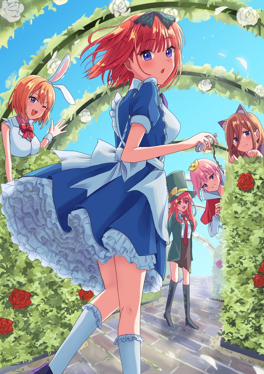 nakano nino, nakano miku, alice, nakano yotsuba, nakano ichika, and 1 more (go-toubun no hanayome and 1 more) drawn by kisara_keyy