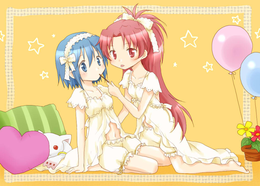 miki sayaka, sakura kyoko, and kyubey (mahou shoujo madoka magica) drawn by isora
