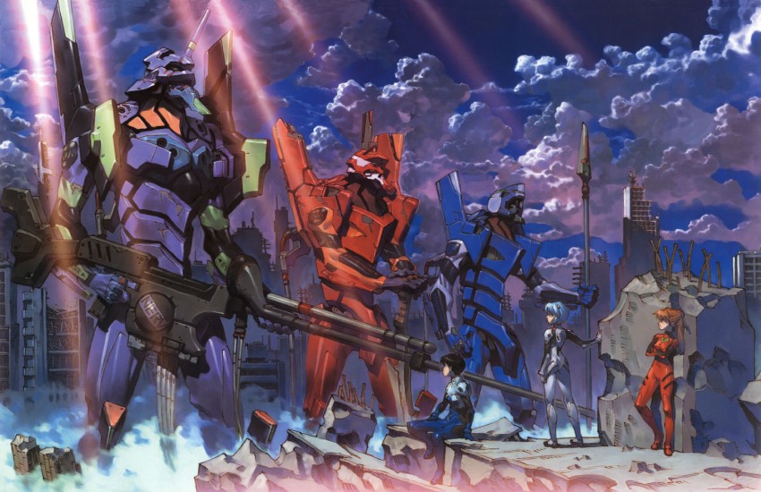 souryuu asuka langley, ayanami rei, ikari shinji, eva 02, eva 01, and 1 more (neon genesis evangelion) drawn by yoshinari_you