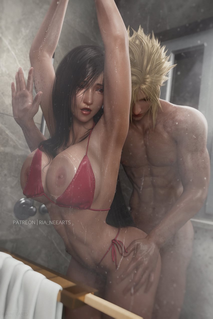 tifa lockhart and cloud strife (final fantasy and 2 more) drawn by ria_(baka-neearts)