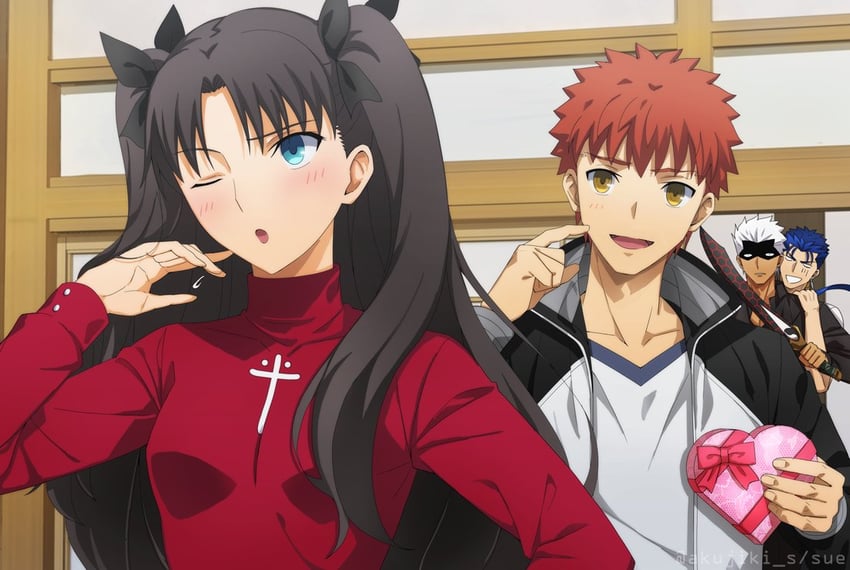 tohsaka rin, emiya shirou, archer, and cu chulainn (fate and 1 more) drawn by akujiki59