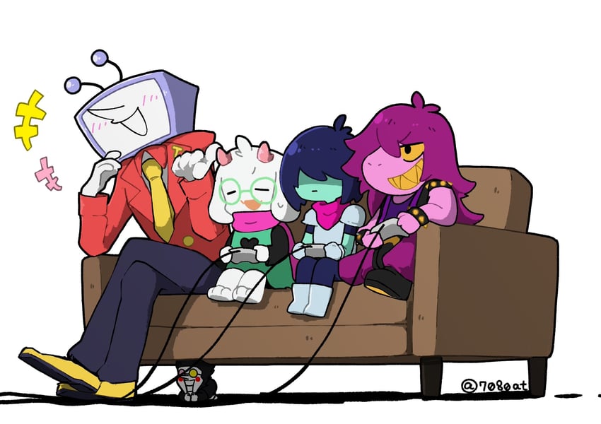 kris, ralsei, susie, spamton g. spamton, and ant tenna (deltarune) drawn by 7080at