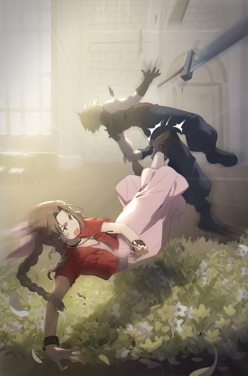 cloud strife and aerith gainsborough (final fantasy and 2 more) drawn by hmniao