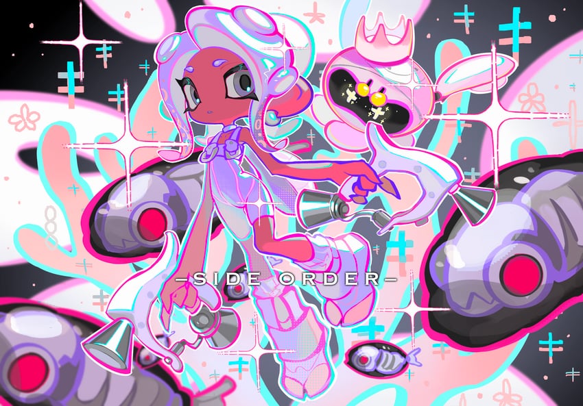 octoling player character, octoling girl, pearl, agent 8, pearl drone, and 1 more (splatoon and 2 more) drawn by xiaoyunatie