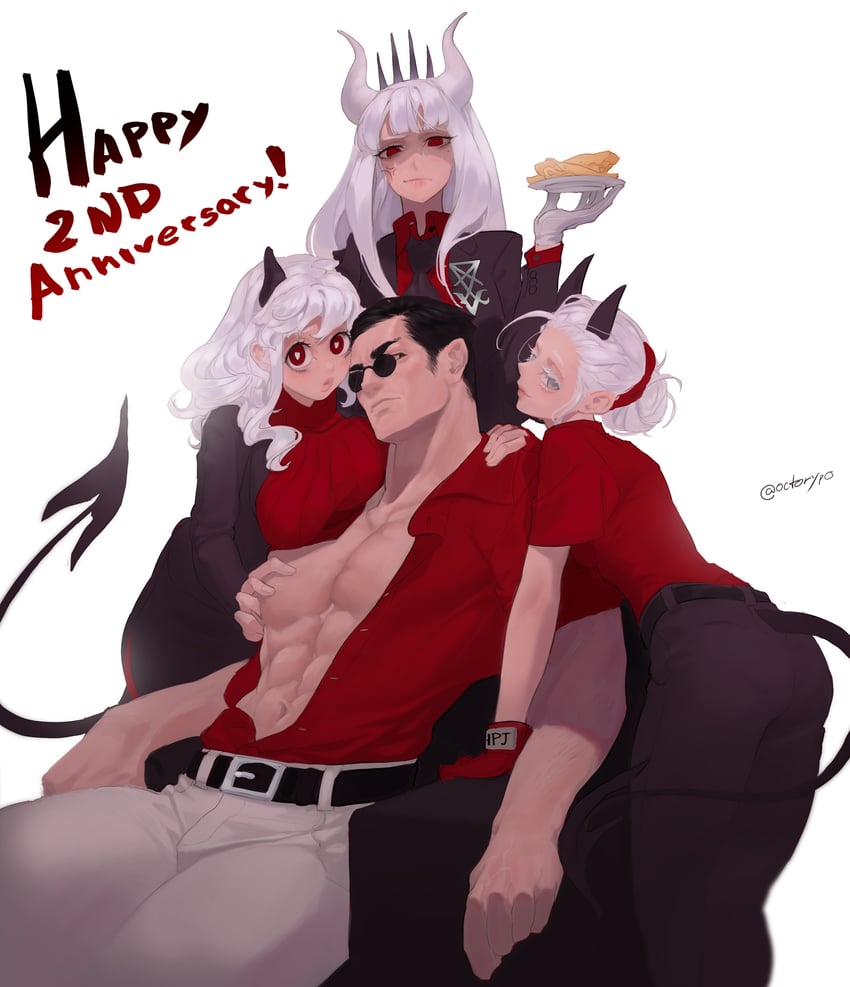 lucifer, modeus, justice, and helltaker (helltaker) drawn by octorypo