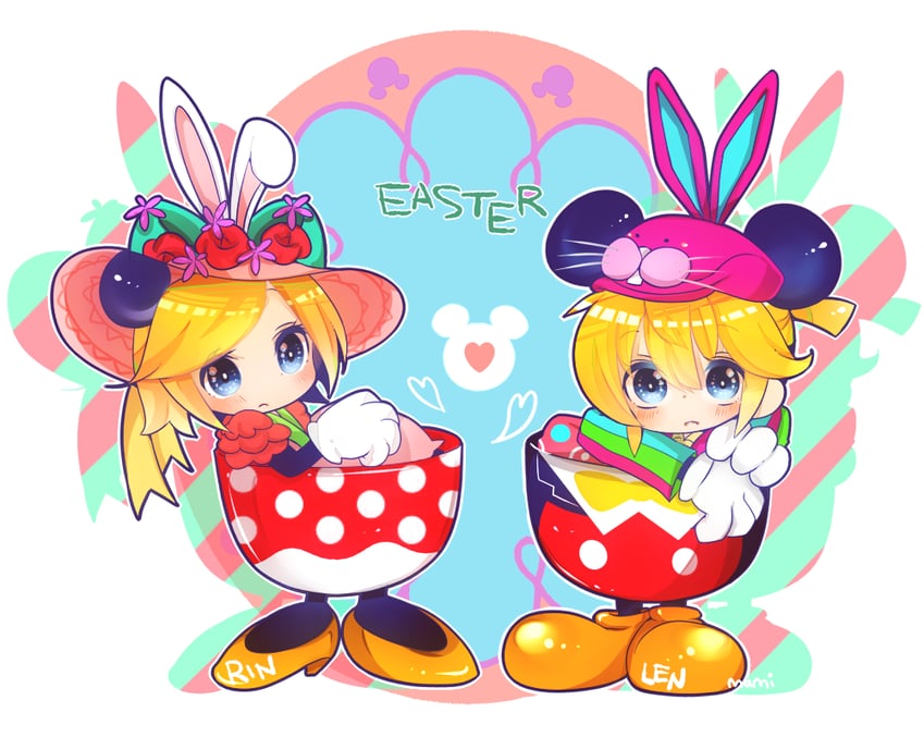 kagamine rin, kagamine len, mickey mouse, and minnie mouse (vocaloid and 1 more) drawn by mami_(sweetcandy)
