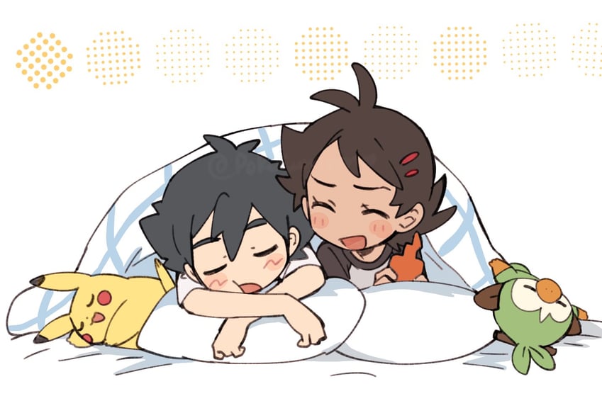 pikachu, ash ketchum, grookey, and goh (pokemon and 1 more) drawn by pokesumomo