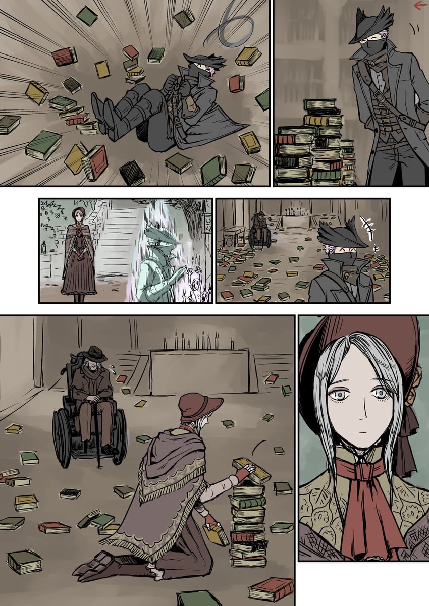 hunter, plain doll, gehrman the first hunter, and messengers (bloodborne) drawn by nagekichi