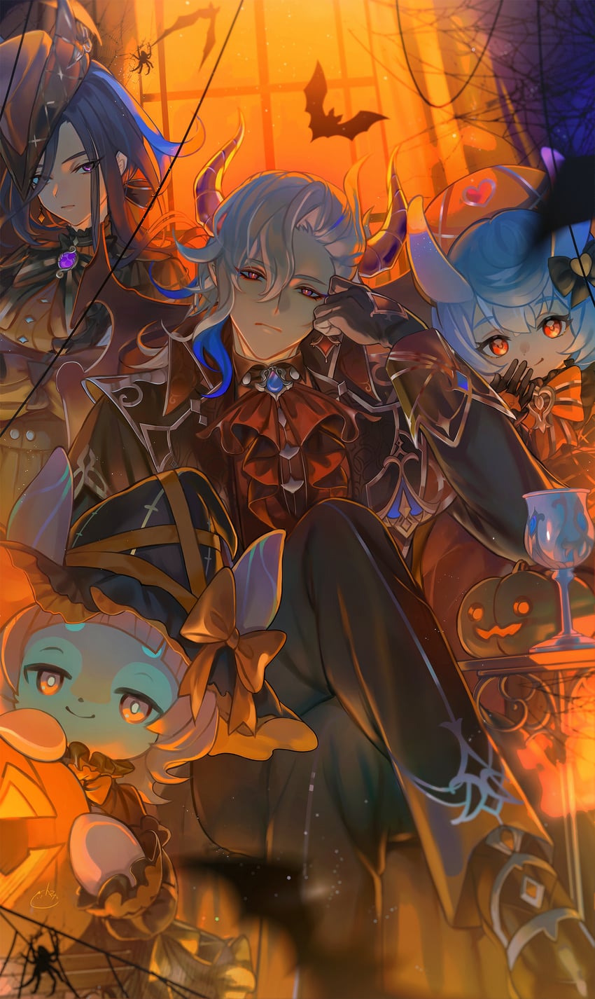 neuvillette, clorinde, sigewinne, and kiara (genshin impact) drawn by tomanattsu