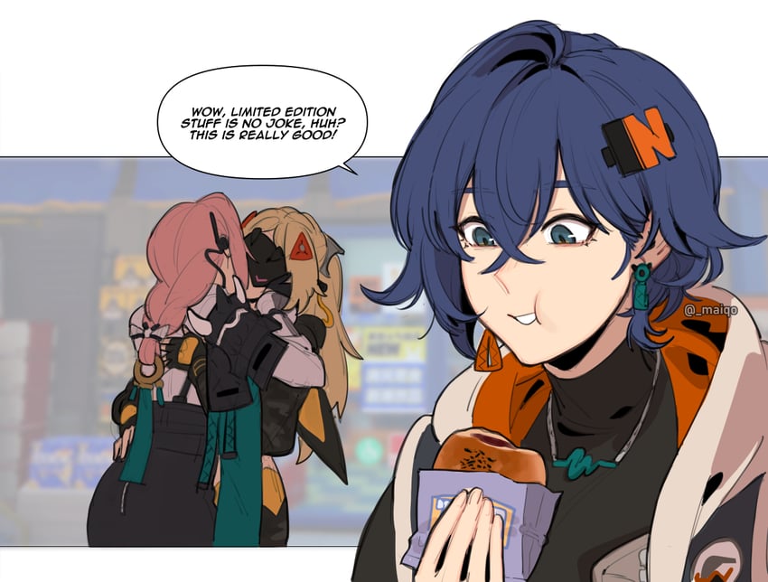belle, tsukishiro yanagi, and trigger (zenless zone zero) drawn by maiqo