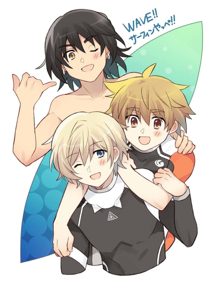 akitsuki shou, tanaka nalu, and hinaoka masaki (wave!! surfing yappe!!) drawn by mamibakuhatu