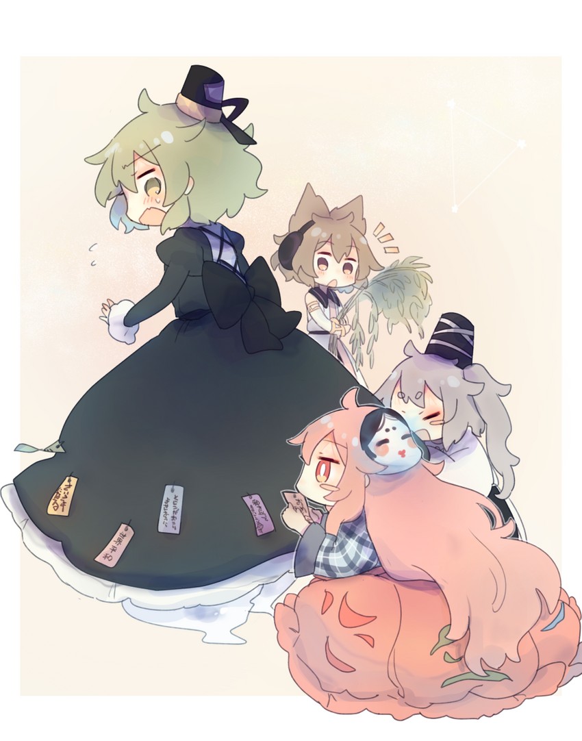 toyosatomimi no miko, mononobe no futo, hata no kokoro, and soga no tojiko (touhou) drawn by ashiyu_(ashu-ashu)