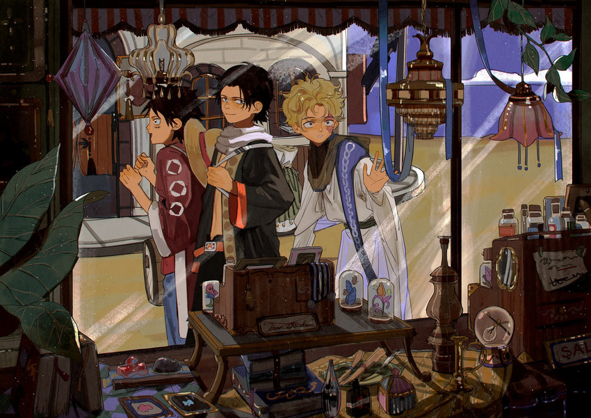 monkey d. luffy, portgas d. ace, and sabo (one piece) drawn by akihare
