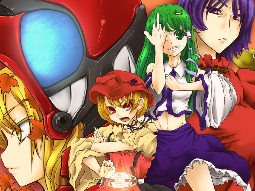 kochiya sanae, yasaka kanako, aki minoriko, aki shizuha, kamen rider decade, and 1 more (touhou and 3 more) drawn by corocoma