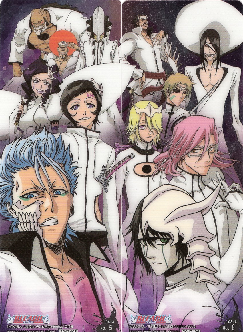 grimmjow jaegerjaquez, ulquiorra cifer, nnoitra gilga, cirucci sanderwicci, szayelaporro granz, and 8 more (bleach) drawn by kubo_tite