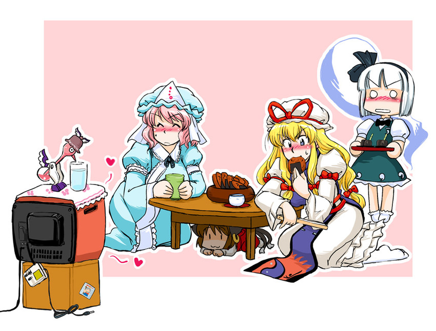 konpaku youmu, yakumo yukari, saigyouji yuyuko, chen, and mystia lorelei (touhou) drawn by azuki_osamitsu