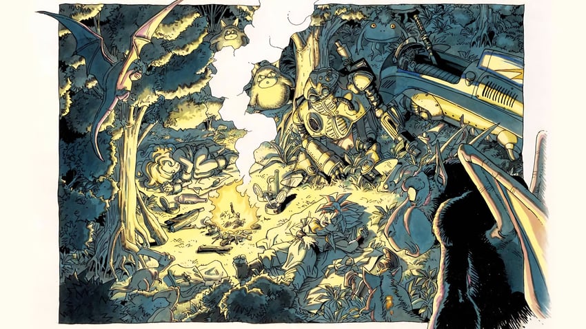 crono, ayla, robo, nu, epoch, and 1 more (chrono trigger) drawn by toriyama_akira