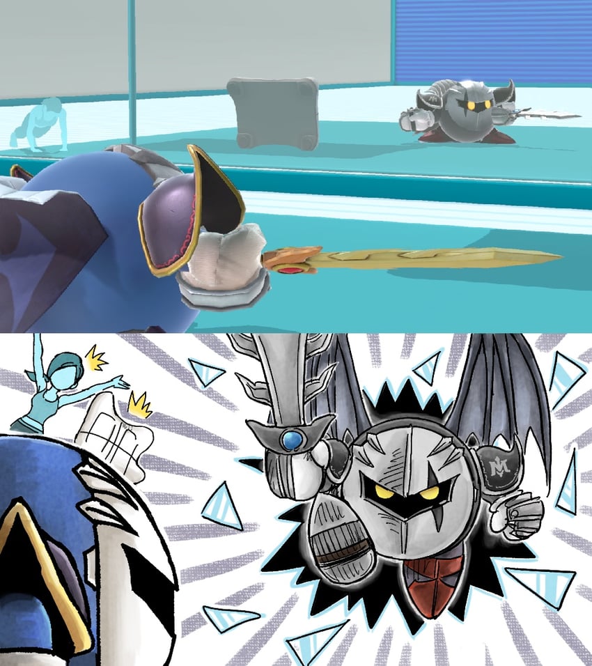 meta knight, wii fit trainer, and dark meta knight (kirby and 3 more) drawn by kicdon