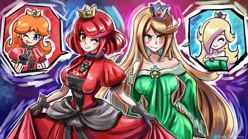 pyra, mythra, rosalina, and princess daisy (mario and 3 more) drawn by stoic_seraphim