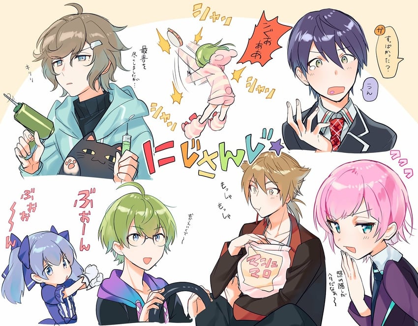 kenmochi touya, yuuki chihiro, fushimi gaku, yuuhi riri, kuzuha, and 2 more (nijisanji) drawn by ninahachi