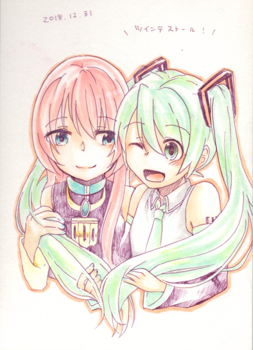 hatsune miku and megurine luka (vocaloid) drawn by mochityoko