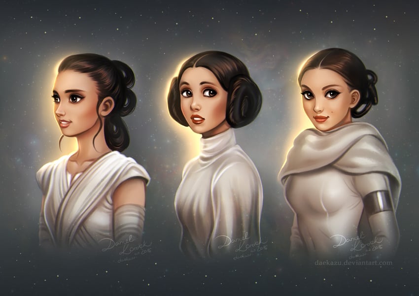 princess leia, rey, and padme amidala (star wars and 3 more) drawn by daekazu