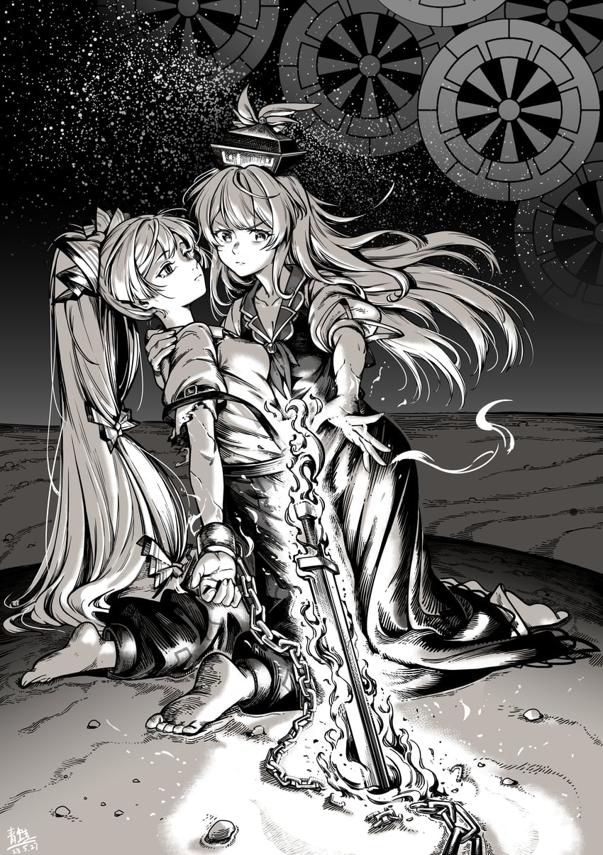 fujiwara no mokou and kamishirasawa keine (touhou) drawn by qingwa_chi_she