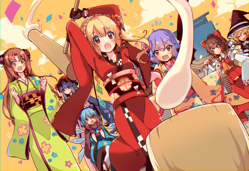 hakurei reimu, kirisame marisa, remilia scarlet, flandre scarlet, cirno, and 2 more (touhou) drawn by kirero