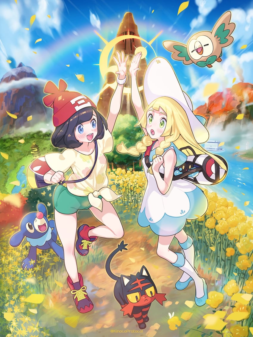 lillie, selene, rowlet, popplio, litten, and 1 more (pokemon and 1 more) drawn by kinocopro