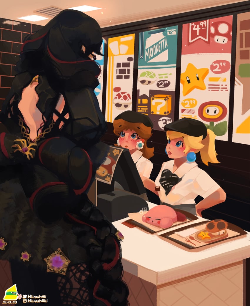 kirby, princess peach, princess daisy, bayonetta, and pepe the frog (mario and 4 more) drawn by hiroshi_(hiiroshiiii)