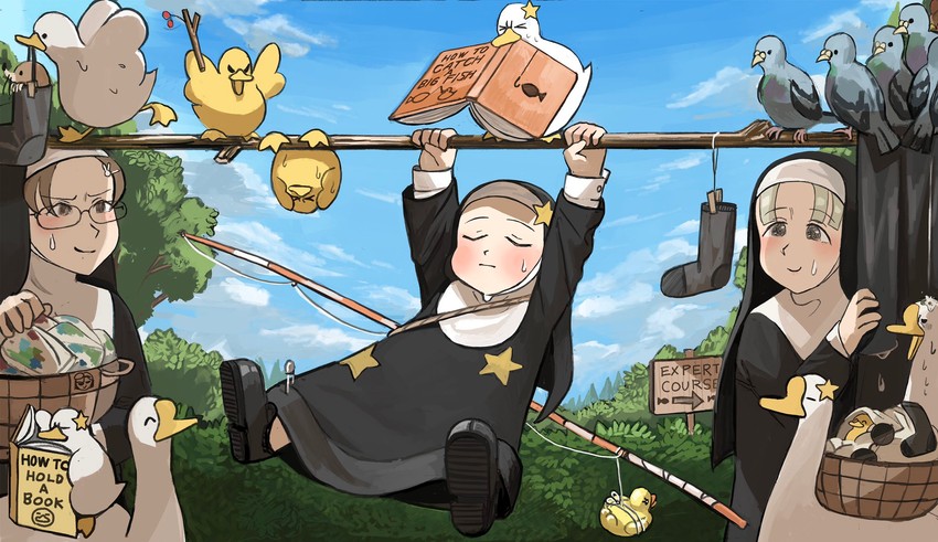 star nun, parted grey nun, and glasses nun's aunt (little nuns) drawn by diva_(hyxpk)