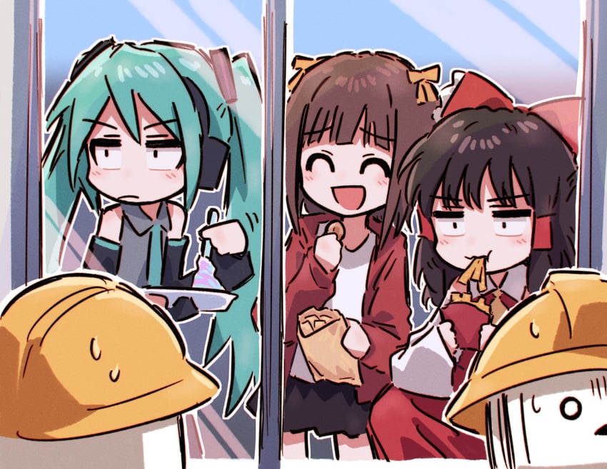 hatsune miku, hakurei reimu, amami haruka, and terebi-chan (touhou and 4 more) drawn by bullfalk