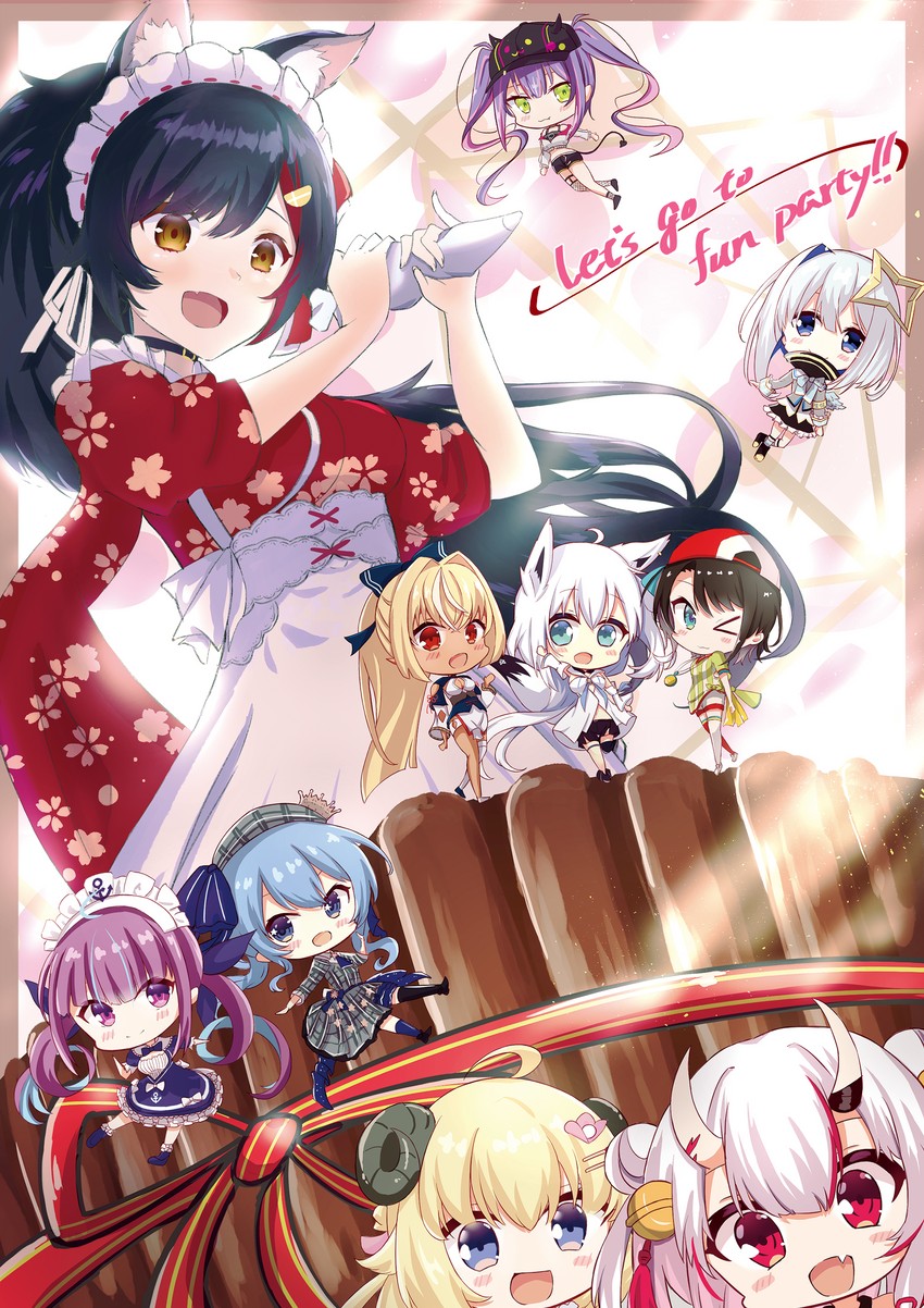 shirakami fubuki, hoshimachi suisei, minato aqua, tokoyami towa, ookami mio, and 6 more (hololive) drawn by mihanada_kasumi