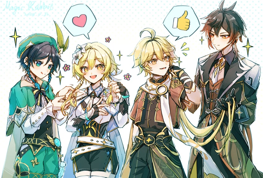 lumine, aether, zhongli, and venti (genshin impact) drawn by magicrabbit49586