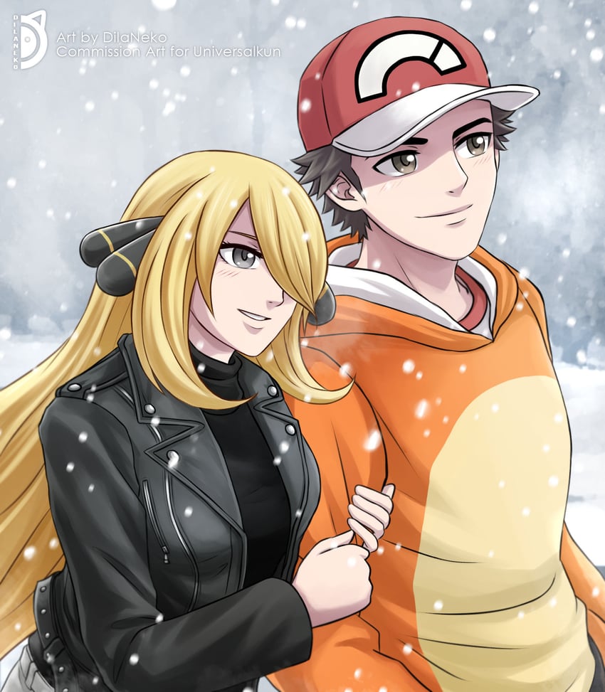 cynthia, red, and charizard (pokemon and 2 more) drawn by doraneko
