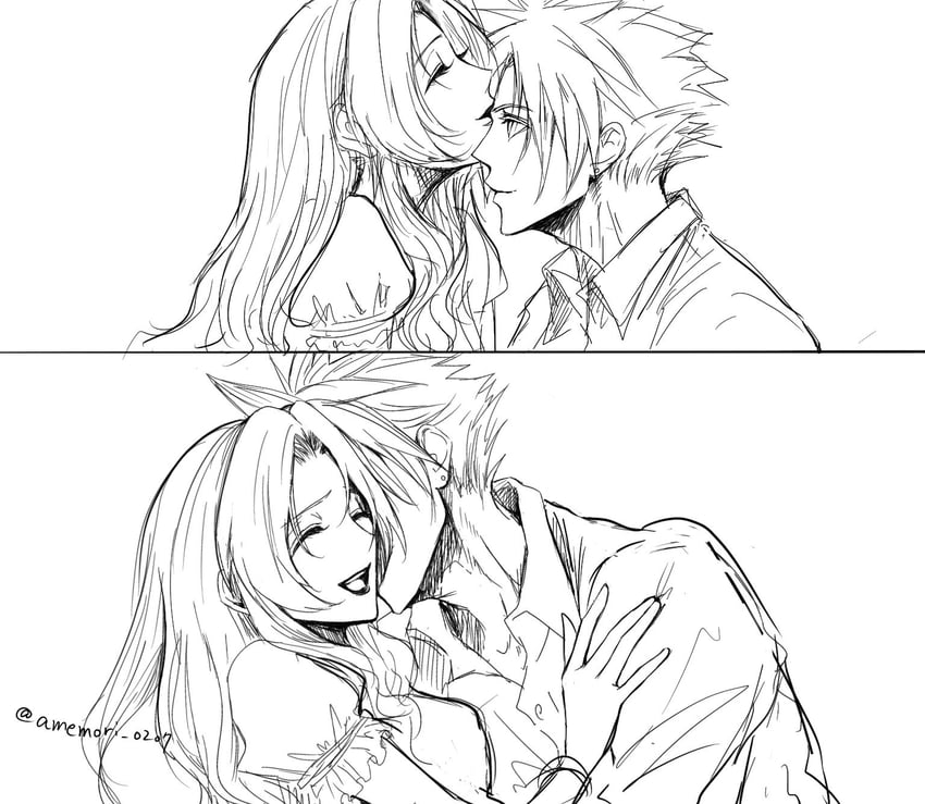 cloud strife and aerith gainsborough (final fantasy and 1 more) drawn by amemori_0207