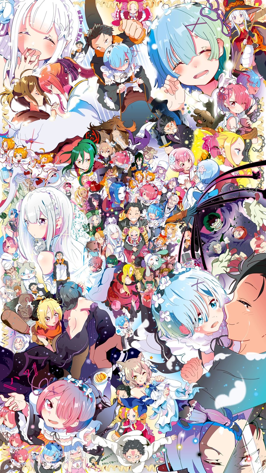 rem, megumin, emilia, ram, natsuki subaru, and 40 more (kono subarashii sekai ni shukufuku wo! and 1 more) drawn by aloe_(kenkou3733)