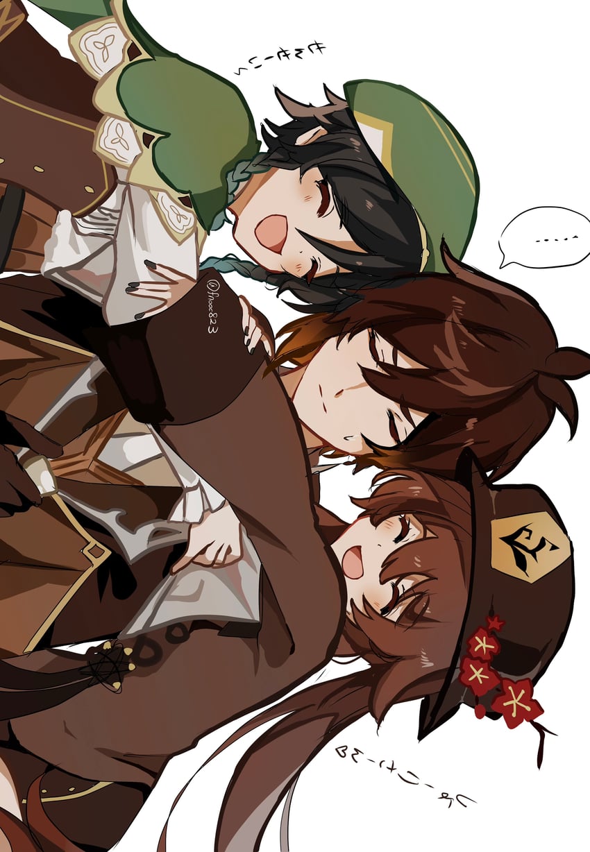 hu tao, zhongli, and venti (genshin impact) drawn by chaena_(exmd3552)