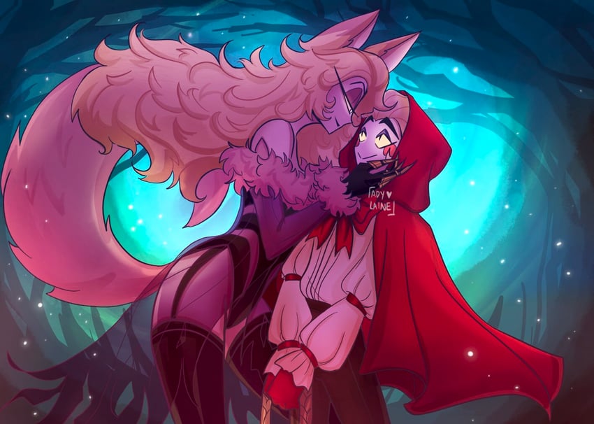 little red riding hood, lucifer morningstar, big bad wolf, and lilith (hazbin hotel and 1 more) drawn by adylaineart