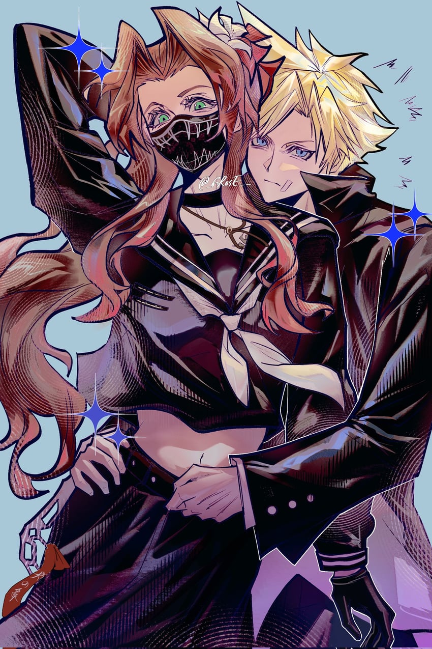 cloud strife and aerith gainsborough (final fantasy and 2 more) drawn by grose