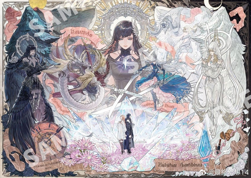 ryne waters, gaia, shiva, hraesvelgr, mitron, and 2 more (final fantasy and 1 more) drawn by xunying_kui