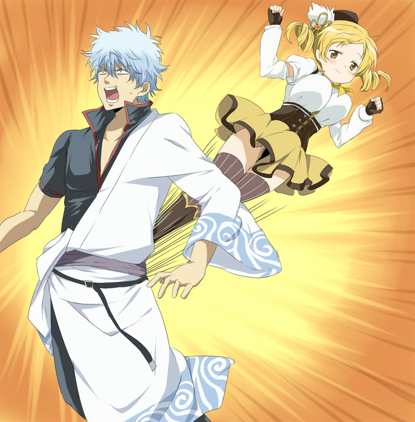 tomoe mami, sakata gintoki, sugita tomokazu, and mizuhashi kaori (mahou shoujo madoka magica and 2 more) drawn by maruki_(punchiki)
