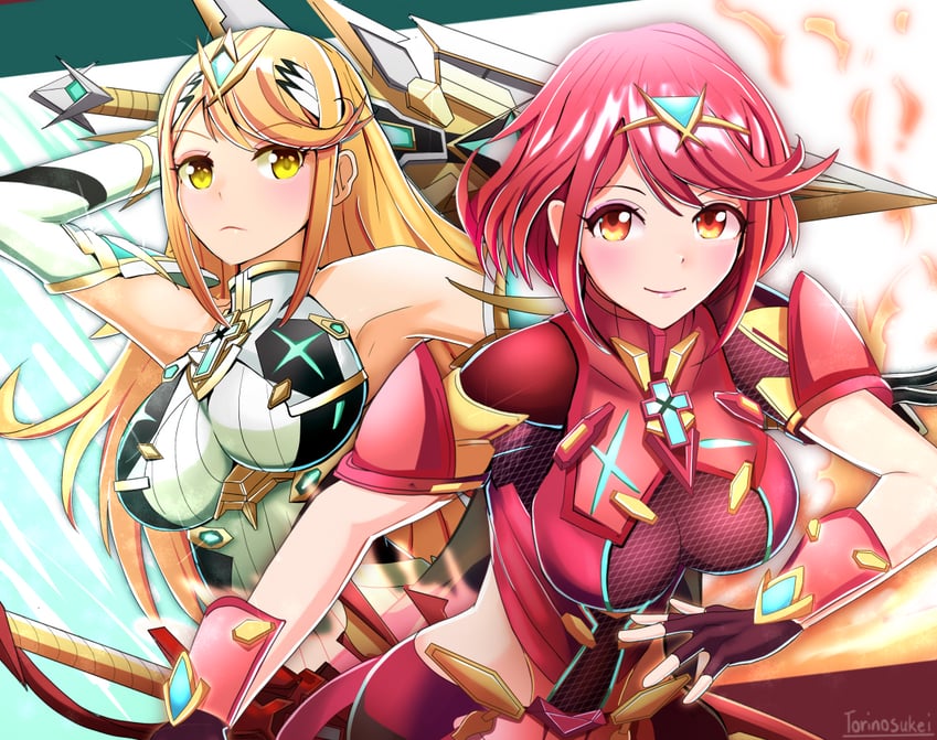pyra and mythra (xenoblade chronicles and 2 more) drawn by torinosukei